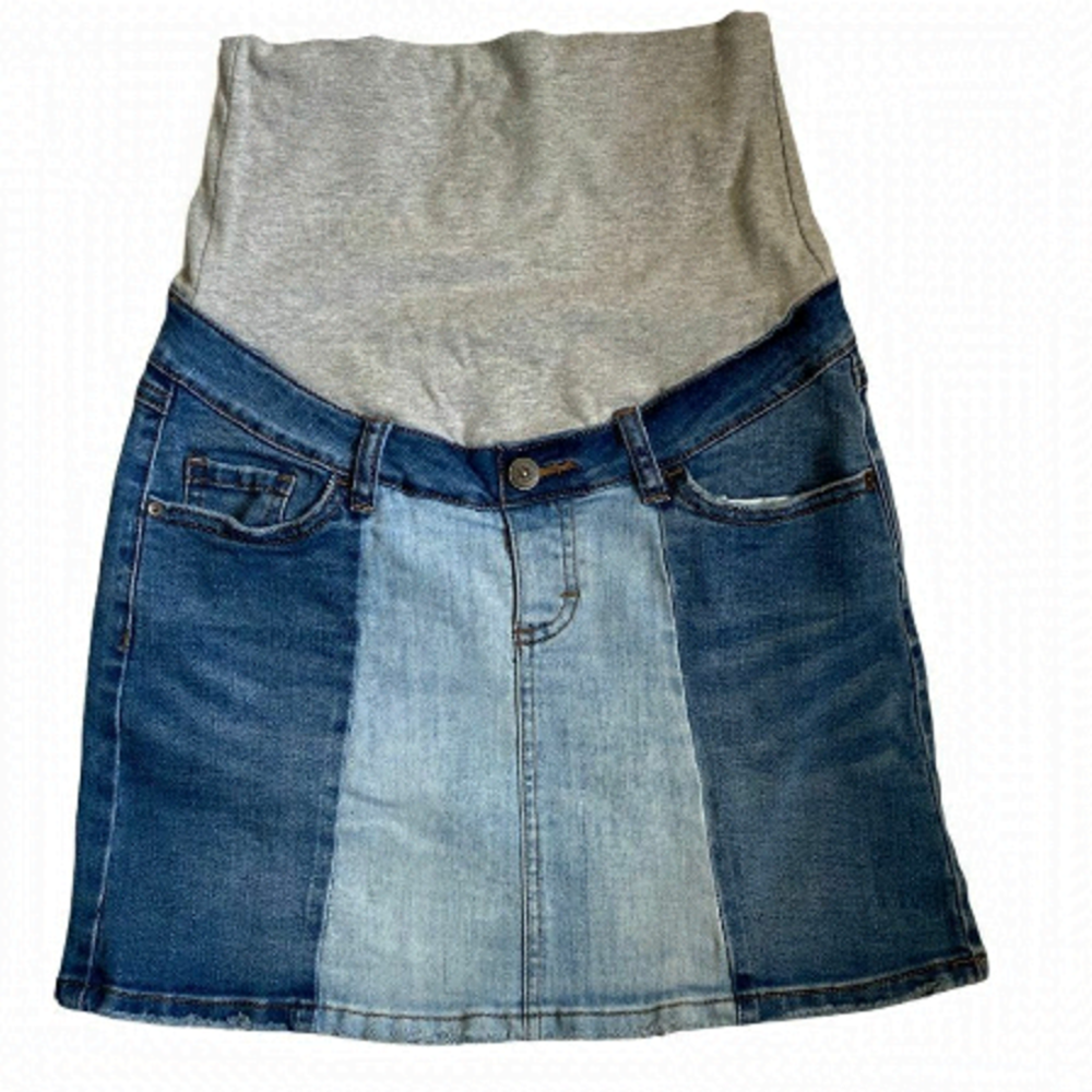 THYME LIGHT & Dark Wash Distressed Denim Skirt XS